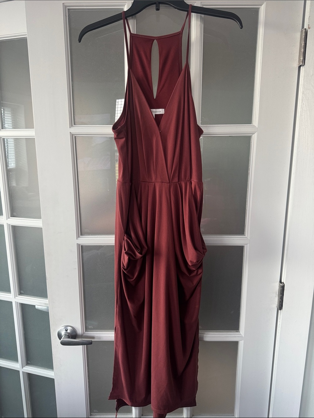 BCBGeneration Sleeveless Burgundy Midi Dress with Draped Pockets